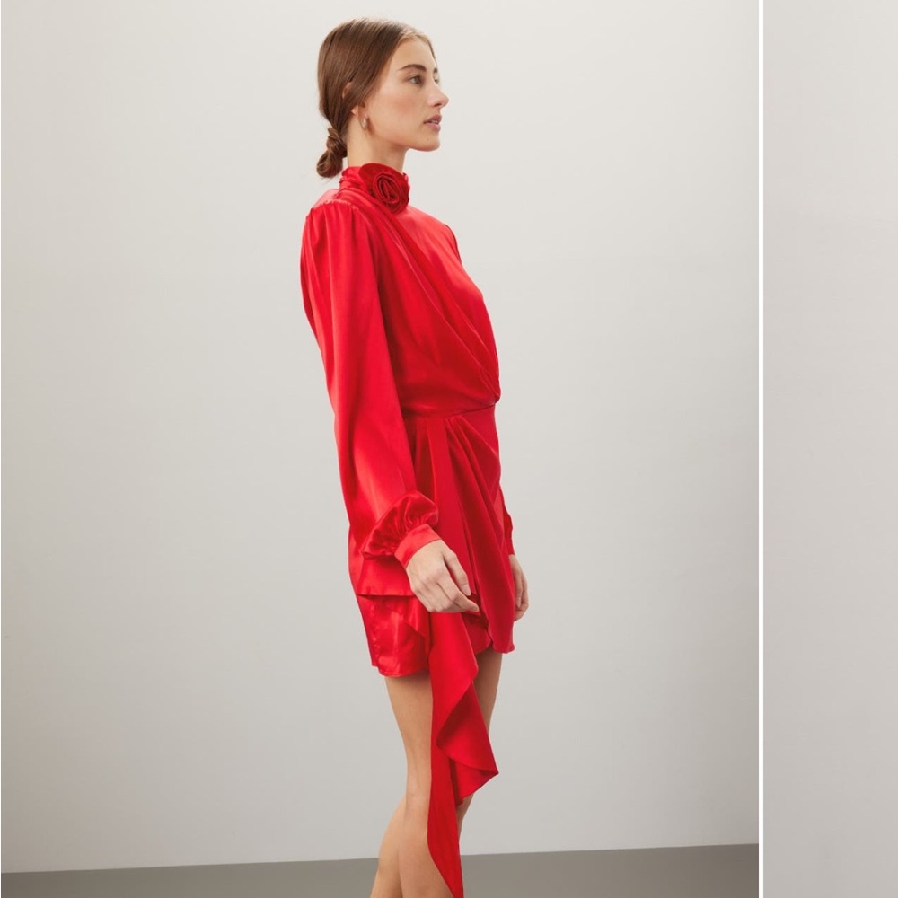 Ronny Kobo Red Long-Sleeve Silk Wrap Mini Dress (Size XS) - Picture 3 of 5